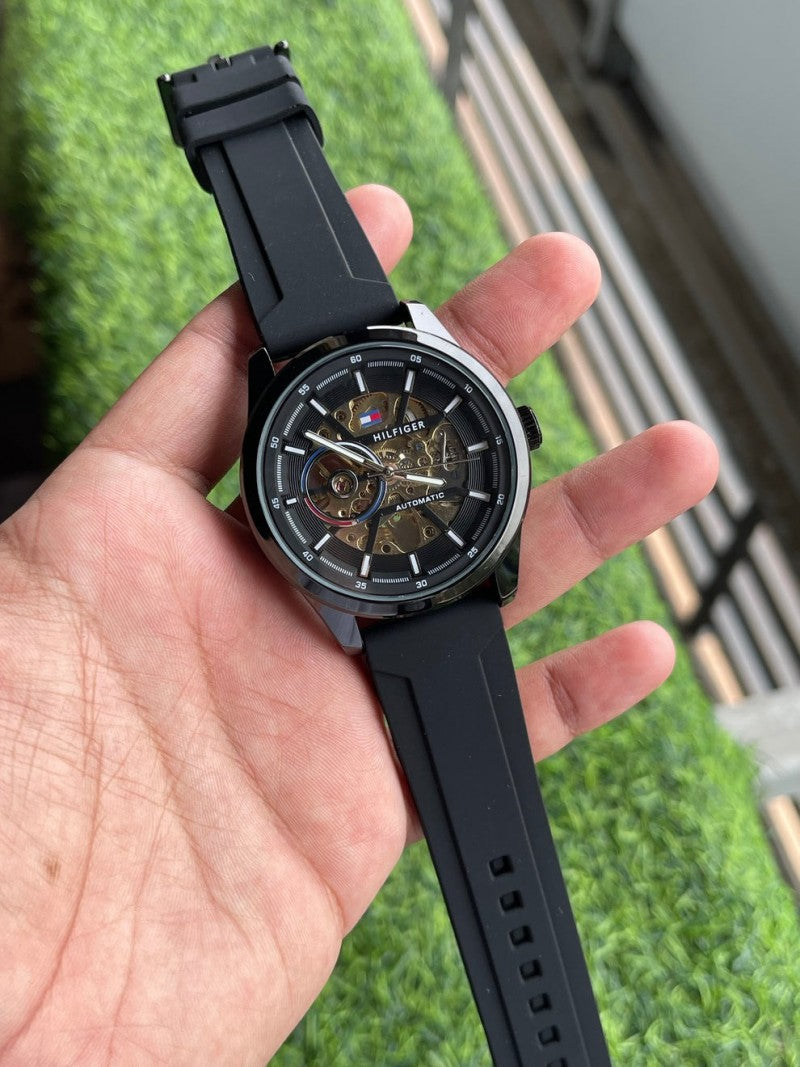TOMMY HILFIGER AUTOMATIC FULL BLACK SILICON BELT
